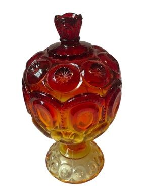 Amberina Moon & Stars Candy Dish Pedestal Lid Covered L.E. Smith Vintage Glows